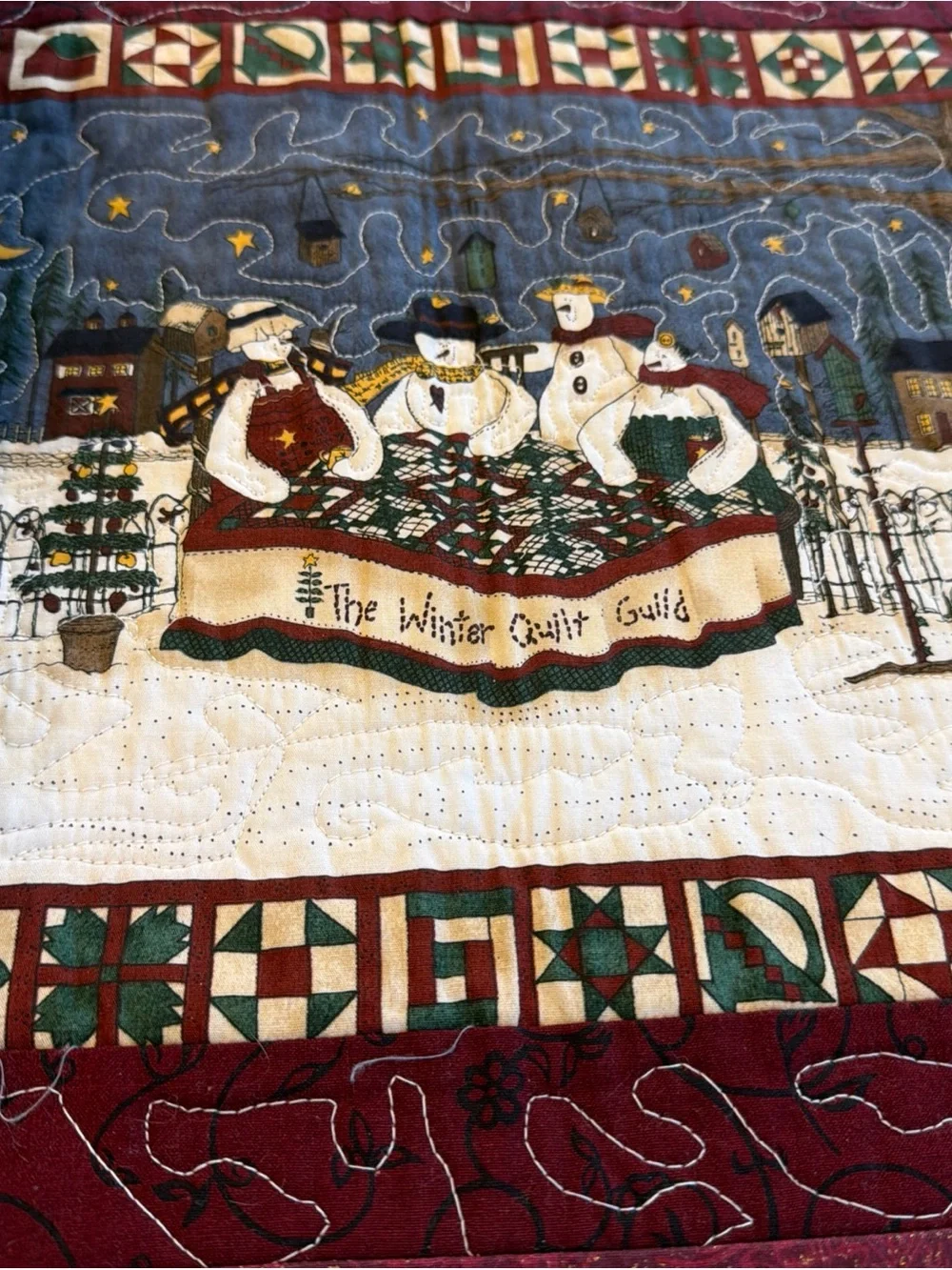 Winter Quilt Guild Snowmen set of 4 placements - Burgundy reversible